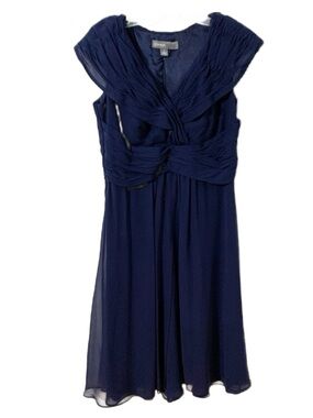 Donna Ricco Silk Midi Dress Sheer Overlay Draped Front Gathered Collar Bodice 💙